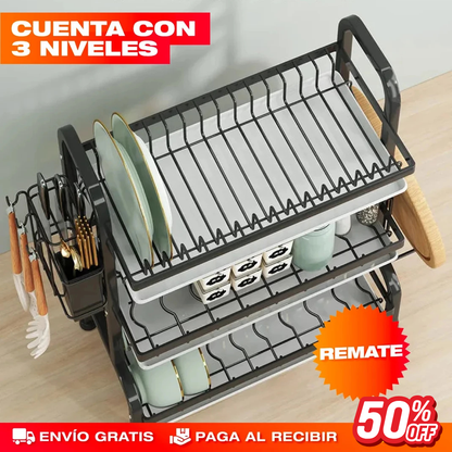 Escurridor de Platos de 3 Niveles - Mesón Seco y Platos Ordenados ·
